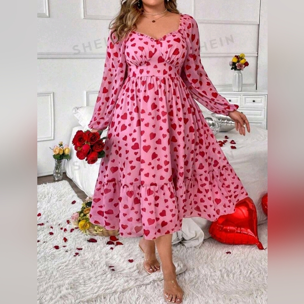 SHEIN Frenchy Plus Size Heart Pattern Sweetheart Neckline Dress❤️ Valentine Day❤